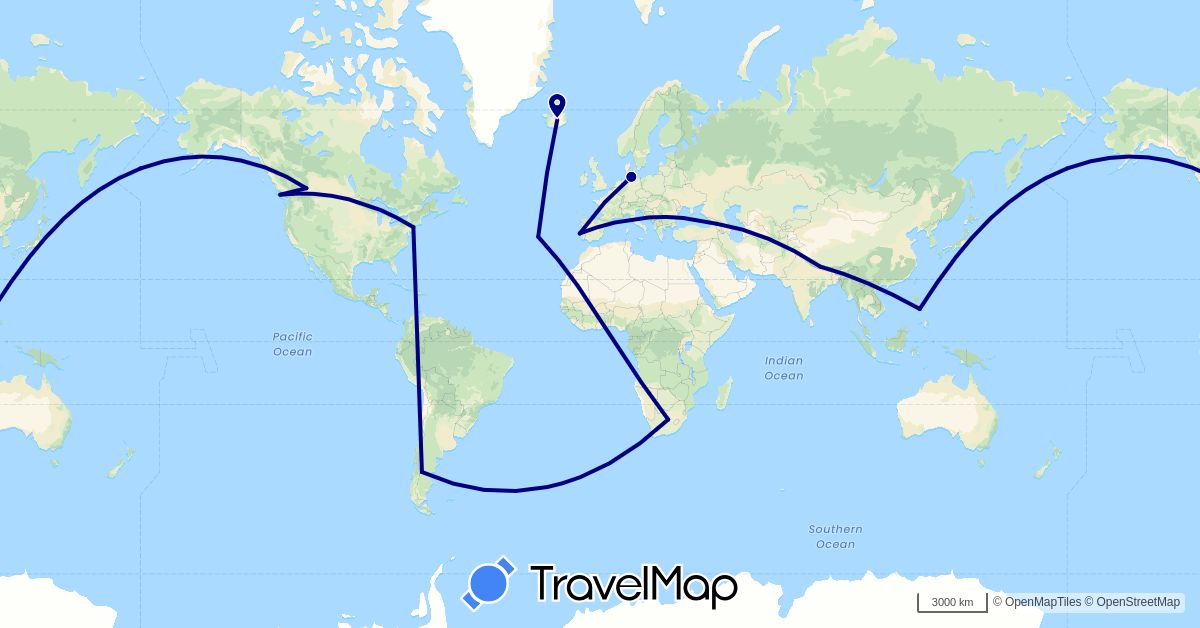 TravelMap itinerary: driving in Argentina, Canada, Germany, Georgia, Iceland, Nepal, Philippines, Portugal, United States, South Africa (Africa, Asia, Europe, North America, South America)